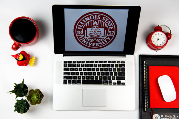 A laptop with the Illinois State seal on the screen.