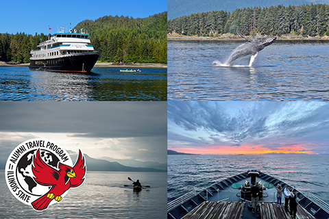 four photos: upper left large boat, upper right whale breach, bottom left kayakers in ocean, bottom right front of ship facing sunset