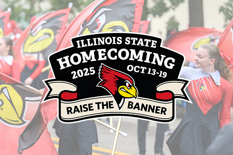 Homecoming logo in foreground and red and black color guard flagsh in background