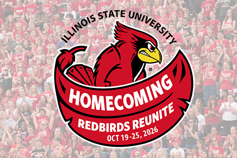 Homecoming logo in foreground and crowd of football fans all wearing red, cheering in stands in background