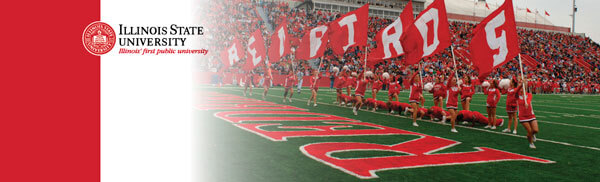 LinkedIn Banner: Illinois State University logo and the cheer squad holding flags spelling "Redbirds" 