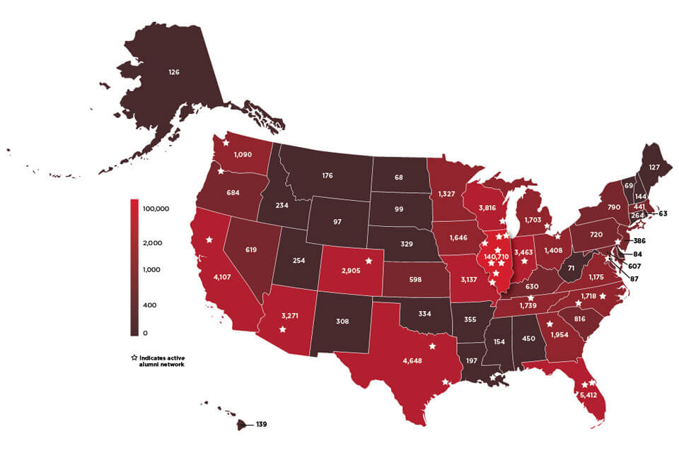 Heatmap of Alumni across the country. Refer to table below for data.