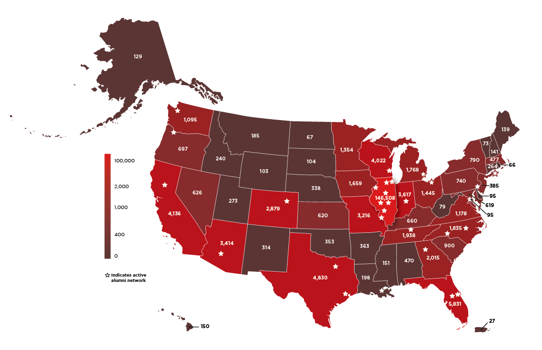 Heatmap of Alumni across the country. Select the 'alumni map' link for data table.