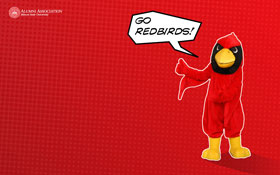 Desktop Thumbnail: Red background with Illinois State University logo and Reggie Redbird with a speech bubble saying "Go Redbirds!"