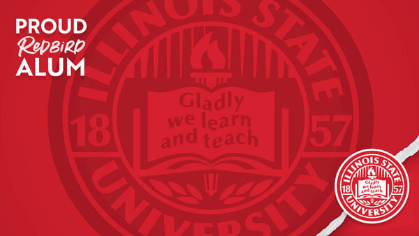 Zoom Background: Red background with university seal watermark, university seal in bottom right corner and "Proud Redbird Alum" text in top left corner. 