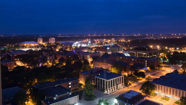 Zoom Background: Aerial view of campus at night. 