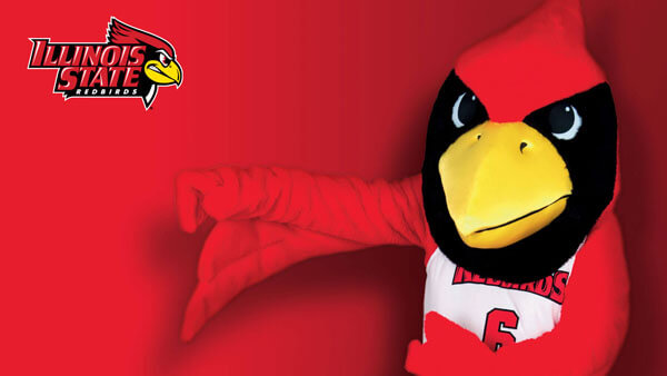 Zoom Background: Red background with Illinois State Redbirds logo with Reggie head in top left corner and Reggie Redbird with his arm out (potentially look like his arm is around you during a zoom session).