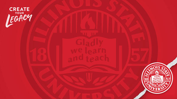 Zoom Background: Red background with university seal watermark, "Create Your legacy" text in top left corner of the screen and University seal in bottom right corner of the screen. 