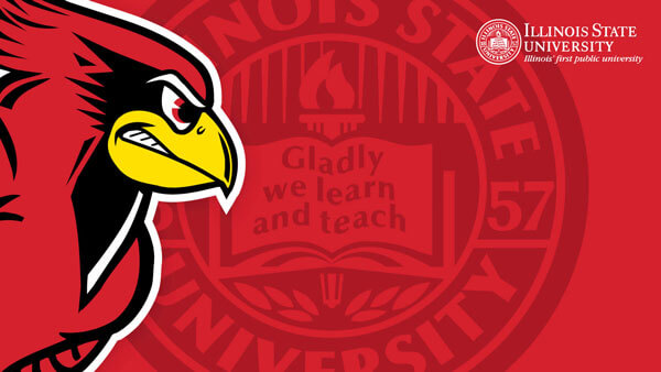 Zoom Background: Red background with university seal watermark, Reggie Redbird on the left side of the screen and the Illinois State University Logo in to right corner of the screen.