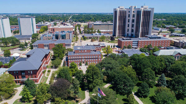 Zoom Background: Aerial view of the quad facing Watterson Towers 